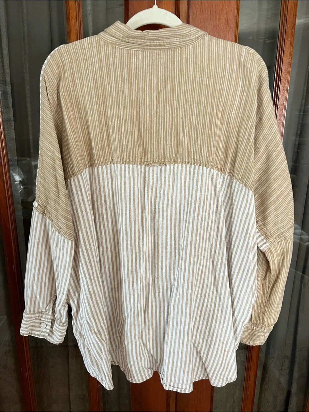 Oversized American Eagle Outfitters Two-Tone Beige Stripe Button-Up Shirt - Picture 7 of 12